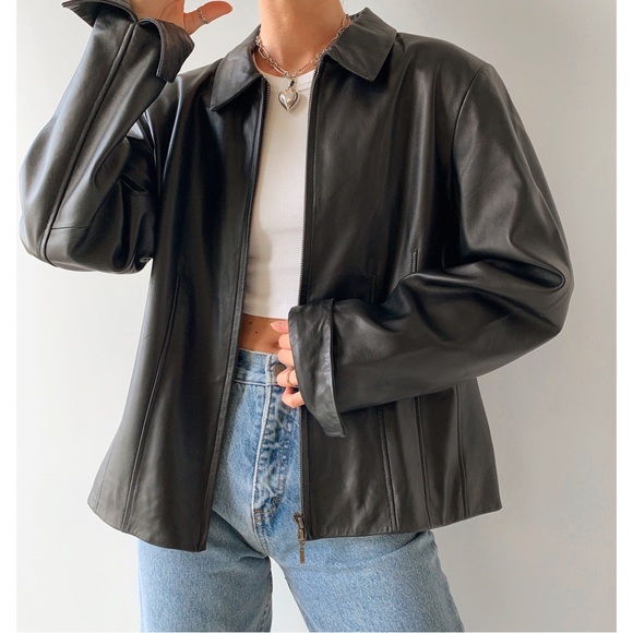 Vintage 90s y2k black leather zip up bomber jacket - Picture 3 of 8